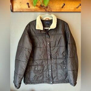 Lands’ End Women's Quilted Puffer Jacket Coat Sherpa Collar Brown XL winter